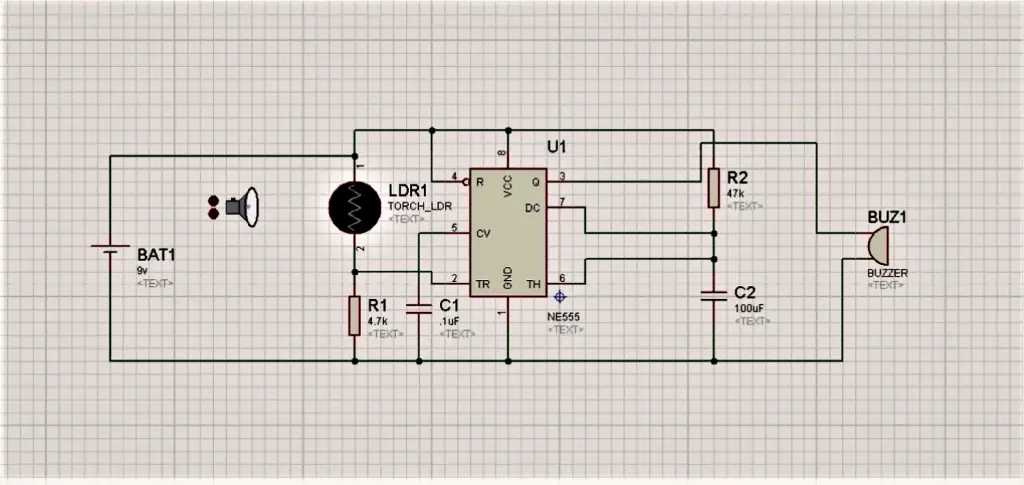 Circuit diagram for LDR as a dark sensor using 555 timer
