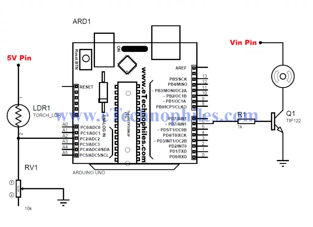 Circuit of Automated Speed Motor Control using LDR based Arduino project