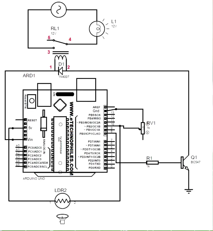 Circuit diagram of automated street light using LDR