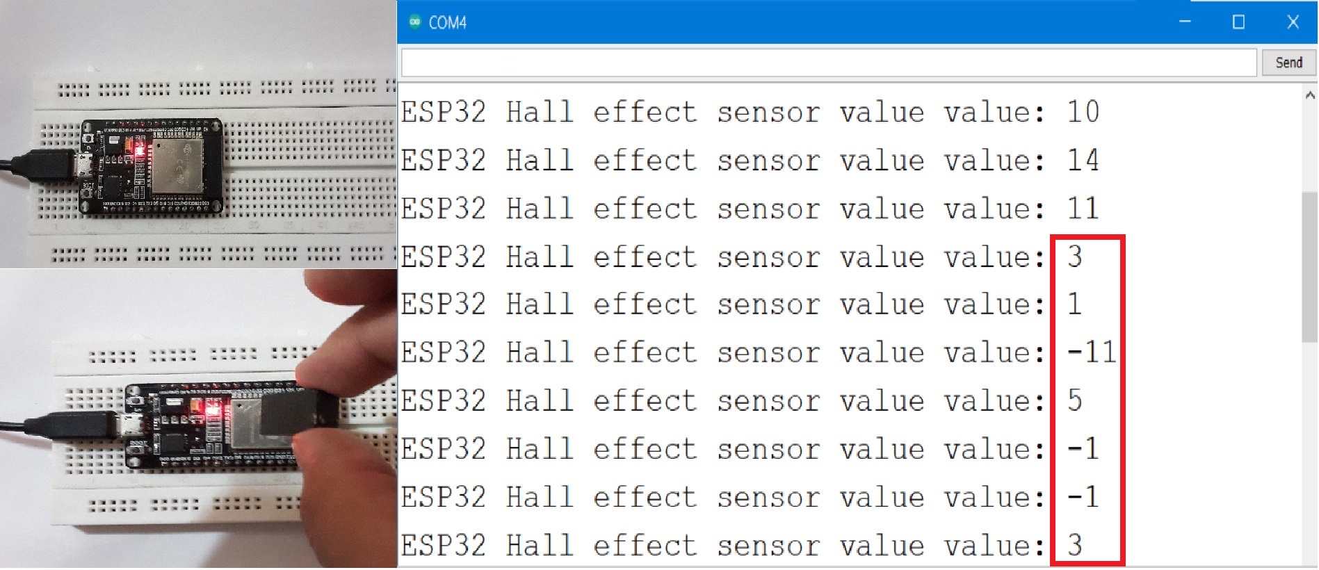 Fluctuating magnetic field measured using ESP32 Hall effect sensor