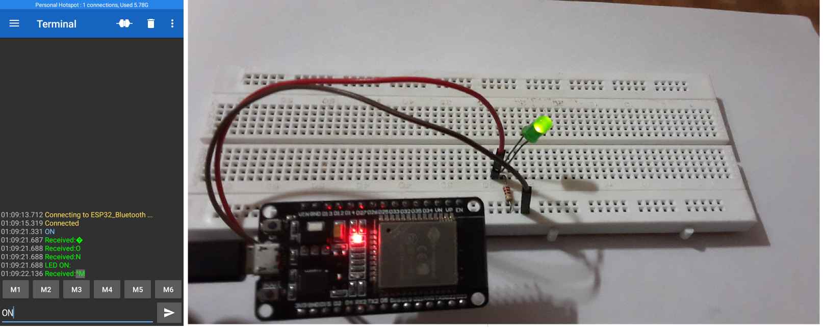 Green LED turned ON using ESP32 bluetooth module with Arduino IDE