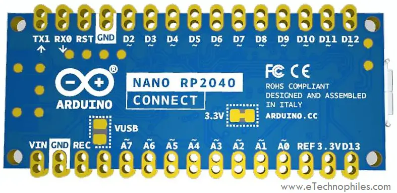 Back view of Arduino Nano RP2040 Connect