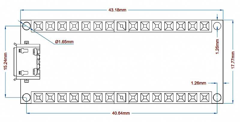 Dimensions of Arduino Nano RP2040 Connect board