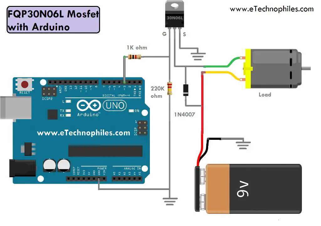 DC motor speed control circuit using FQP30N06L Mosfet with Arduino