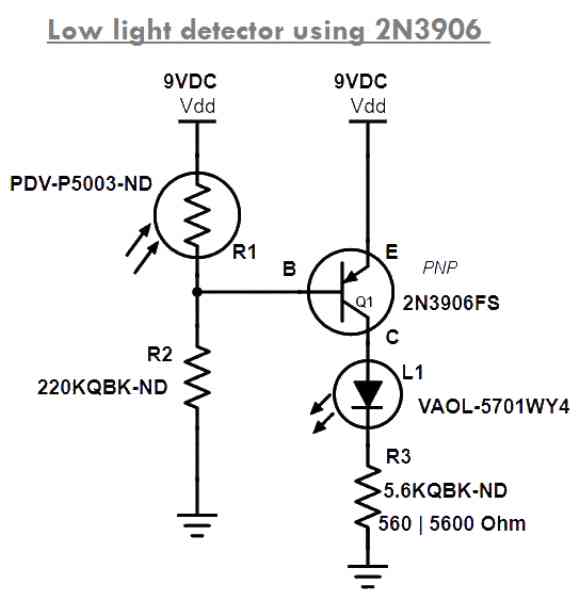 Low light detector circuit using 2N3906