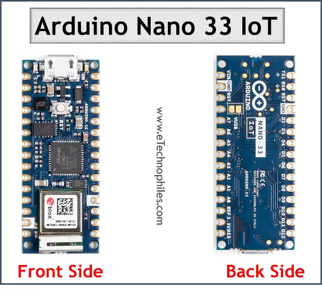 Arduino Nano 33 IoT board front and back view