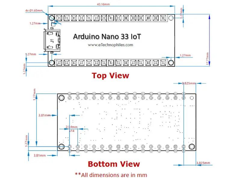 Physical Dimensions of Arduino Nano 33 IoT