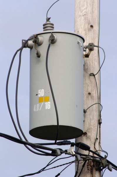 A pole-mounted distribution transformer