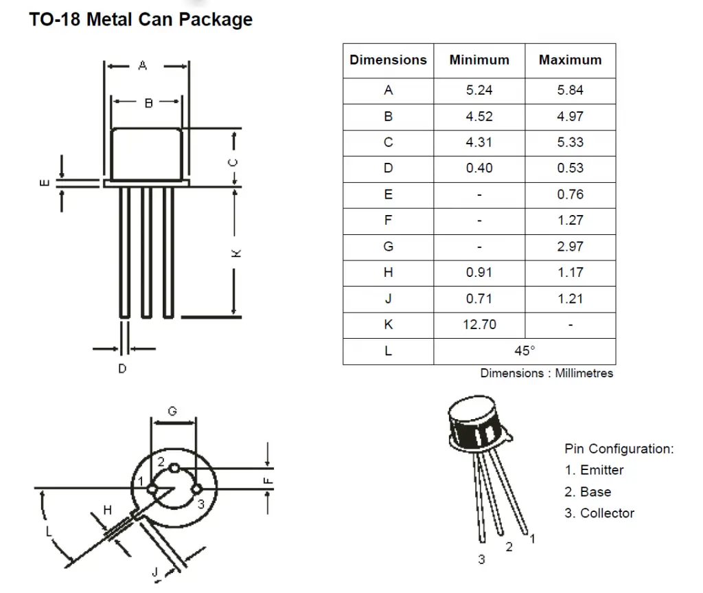 2N2222 Transistor dimensions(TO-18 Package)