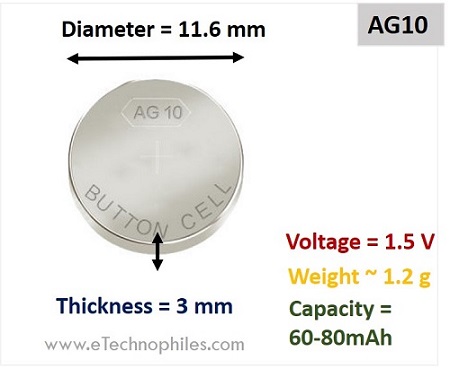 Dimensions and specifications of an AG10 battery