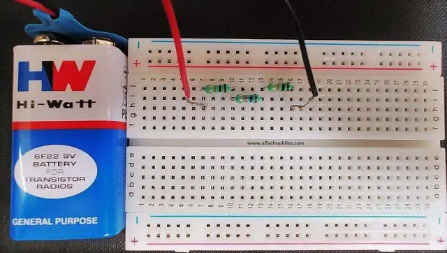 Battery connected across the Breadboard Series circuit