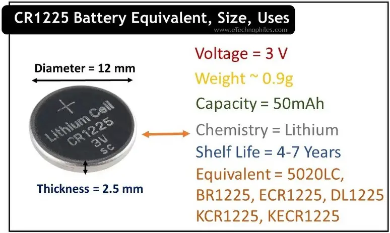 CR1225 Battery equivalent, voltage and Specs