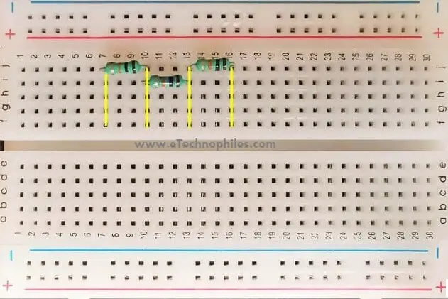 How are resistors internally connected to the breadboard
