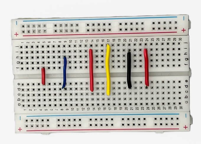Pre-cut wires inserted on a breadboard