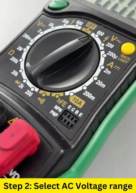 Select the AC voltage range using the rotary dial