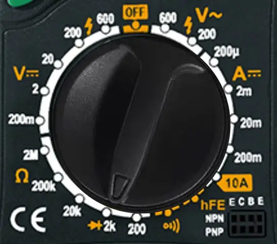 Diode mode selected in a multimeter