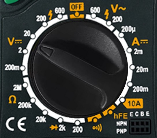 Voltage range selected on the multimeter dial