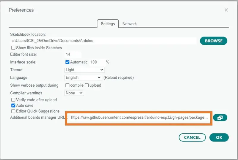 Additional Board Manager URL box Paste the link in additional board manager